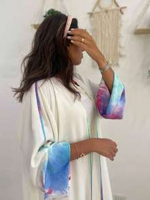 1 pieza Vestido-Cárdigan elegante de mujer con mangas y espalda de diseño de parches multicolor y estampado colorido de estilo árabe, adecuado para uso diario, festivo y de viaje, color blanco - Blanco - Ver 8