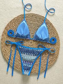 Women's Unique Textured Fabric Bikini 2 Pieces Swimwear, Cute Spaghetti Strap Backless Design Vacation Beach - Blue - View 3