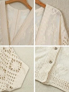 Floral Print Lightweight Breathable Cardigan, Suitable For Beach, Pool, And Vacation In Summer - Apricot - View 11