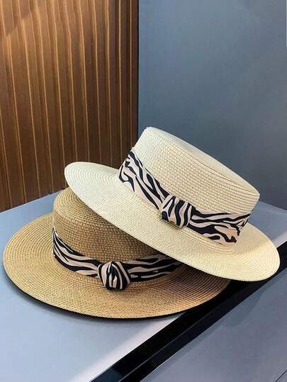 Women's Zebra Striped Ribbon Straw Flat Top Hat, Classic Flat Top Sun Hat, Breathable Woven Summer Cap, Suitable For Beach Vacation, Fashion Hat, Suitable For Outdoor Daily Use