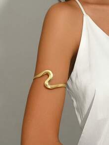 1 pieza Brazalete de bangle dorado ondulado minimalista y elegante, diseño liso y elegante, adecuado para uso diario, fiestas y vacaciones de mujeres - Dorado - Ver 2