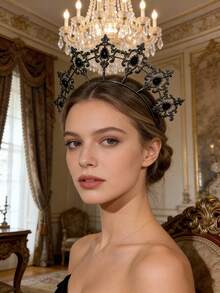 1 Piece Of Alloy Material Golden Lolita Halo Headband Hairpin With Ornate And Magnificent Style. Black Gothic Diamond-Studded Crown Headpiece. Suitable For Wedding Party Photo Shoots, Cosplay Use. - Multicolor - View 6