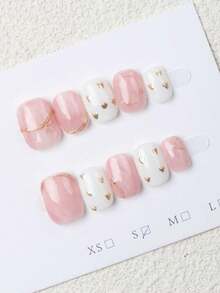 10pcs Handmade Press-On Nails, Short Oval Shape, Pink Tone, Gentle & Sweet Style, Pink-White Ombre, Hand-Painted Golden Heart Line, Crystal Cat Eye Transparent Cute Nail Tips, Suitable For Women & Girls, For Spring, Summer, Autumn, Winter, Parties And Daily Wear Handmade Press On Nails - Pink - View 3