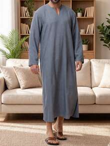 Abaya para hombres, bata casual para el hogar, bata de vacaciones, bata de estilo patio, con bolsillos a ambos lados, abertura en el bajo. Longitud adecuada, puede ser un regalo para el esposo o novio - Gris Oscuro - Ver 4