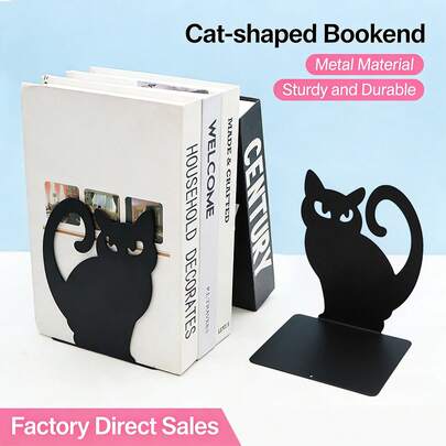 2 piezas/Set Sujetadores de libros decorativos de gato negro, estantería metálica, sujetadores de libros metálicos antideslizantes para libros gruesos, estante divisor de libros decorativo, soporte de sujetador de libros con diseño de animal, adecuado para oficina y hogar, sujetadores de libros decorativos, oficina, biblioteca, decoración de escritorio