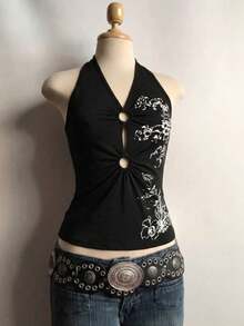 女士Y2K风格露背上衣 - 黑色，花卉印花，O形环细节，褶皱腰身，修身版型 - 黑色 - 查看 3