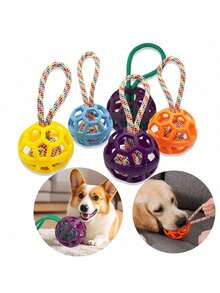 PETSIN Juguete masticable de TPR para perros, pelota de nudo de goma resistente con mango de cuerda trenzada, juguete para mascotas hueco de alta elasticidad para moler los dientes y entrenamiento, recomendado para perros medianos - Multicolor - Ver 8