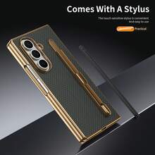 VIETAO Funda de teléfono con diseño chapado en oro con bolígrafo incorporado, patrón de fibra de carbono electrolítico para Samsung Galaxy Z Fold 7/6/5/4 - Verde - Ver 4