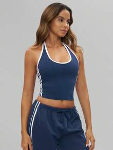 MFVIM 女士春秋季裸色海军蓝吊带运动文胸，白色3D立体线条，层次丰富，亲肤透气面料，舒适休闲运动上衣，适合户外跑步、骑行、普拉提、瑜伽、健身房锻炼，多功能女士运动内衣 - 藏蓝色 - 查看 9