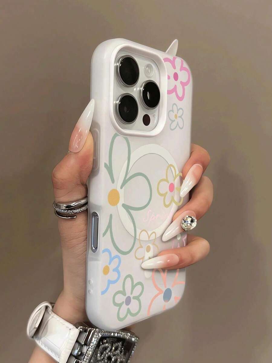 1pc Spring Flower Pattern Jelly 2-In-1 Magnetic Phone Case, Couples Phone Case Valentine's Day Phone Case, Suitable For IPhone 17 Pro Max/16 Pro Max/15 Pro Max/13/15/16/17 Pro/14/11, Fashionable Flower Pattern Jelly 2-In-1 Magnetic Phone Protective Case - White - View 1