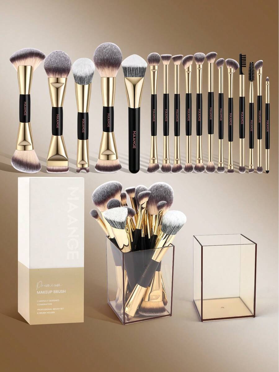 MAANGE 17/18件套铝合金专业化妆刷套装，包含17支化妆刷和1个收纳盒，内含粉底刷、散粉刷、腮红刷、遮瑕刷、修容刷、鼻刷、眼影刷、眼线刷、眉刷、细节刷、面部刷、高光刷，适合女性/女孩旅行携带，是理想的化妆工具礼品。