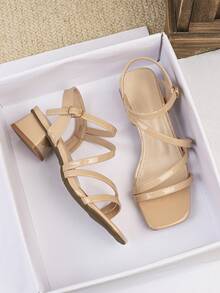 女士高跟凉鞋，法式方头，酒红色，低跟，休闲时尚，罗马假日风格，交叉细带，春夏新款沙滩凉鞋 - 卡其色 - 查看 6