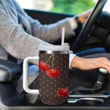 1 Piece Dark Brown Polka Dot & Cherry Print Car Tumbler, For Retro Sweet & Cool Style Enthusiasts, Insulated & Leak-Proof & Portable, Stunning Design, Ideal For Retro Outfits And Gifting. - trắng - Xem 5