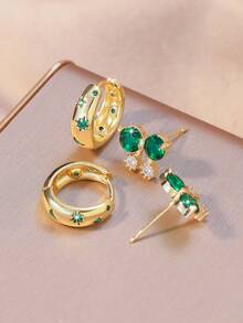 2 Pairs Elegant Fashion Versatile Shiny Green Cubic Zirconia Heart, Star, Cross, Butterfly Earrings, Suitable For Work And Daily Wear, Minimalist Yet Luxurious Gold Jewelry - Gold - View 7