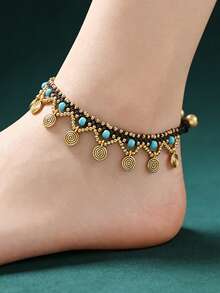 1 chiếc vòng chân đính cườm thủ công kiểu Bohemian mạ vàng cổ điển dành cho nữ, hạt cườm đồng và ngọc lam, phụ kiện trang sức mùa hè đi biển. - Đan tay - Xem 1