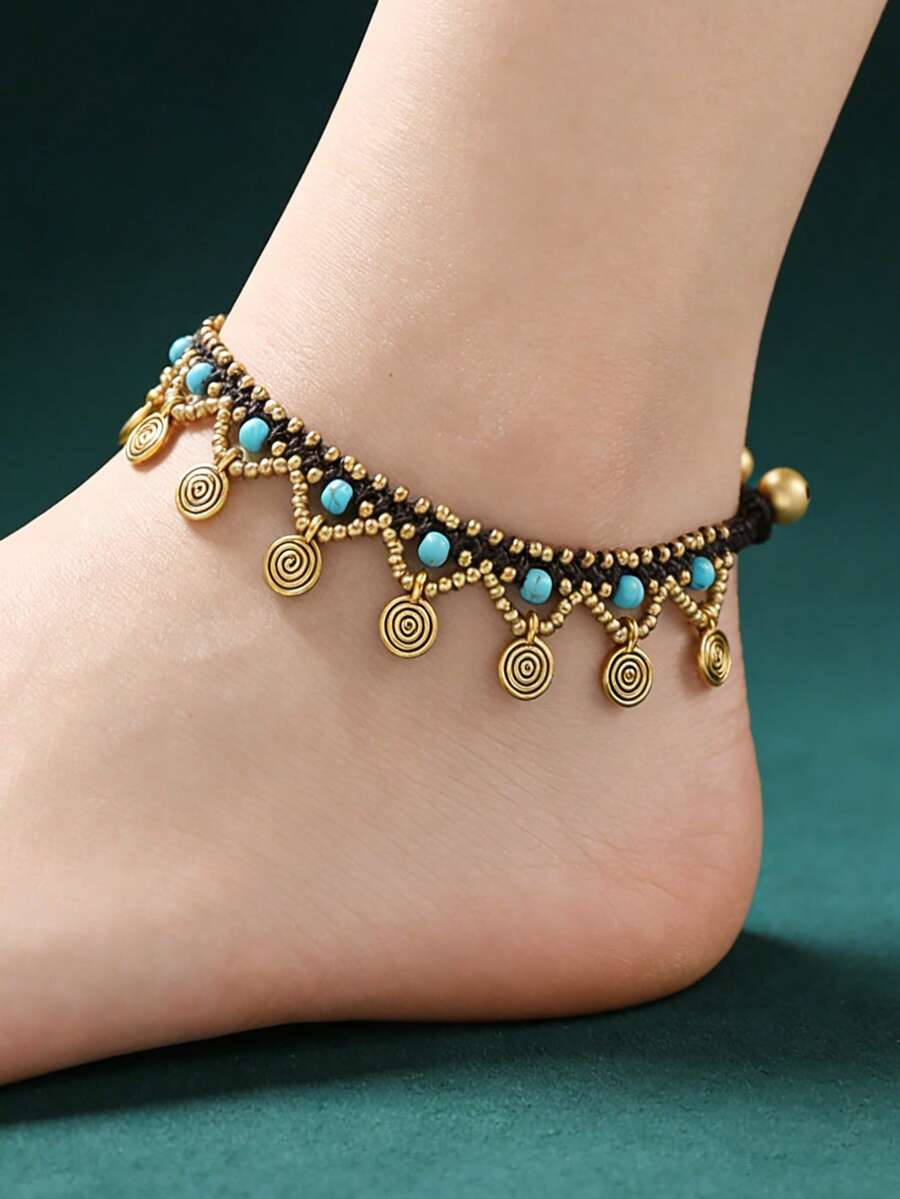 1 chiếc vòng chân đính cườm thủ công kiểu Bohemian mạ vàng cổ điển dành cho nữ, hạt cườm đồng và ngọc lam, phụ kiện trang sức mùa hè đi biển. - Đan tay - Xem 1