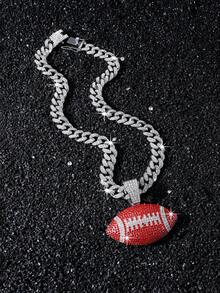 1pc Men's Full Diamond Bling Cuban Link Chain With Football Pendant Necklace - Style a - View 8