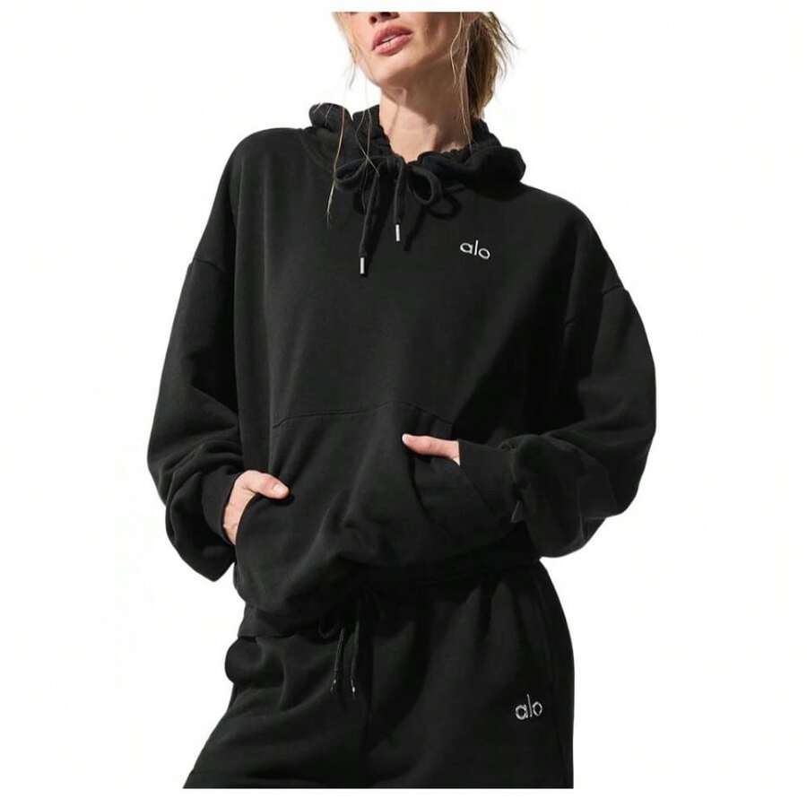 Alo Yoga Women's Accolade Hoodie | Premium Heavyweight French Terry Fleece Sweatshirt | Luxury Soft Oversized Hooded Pullover | Classic Athletic Streetwear Essential | Urban Fashion Loose Fit Casual Lounge Wear With Signature Chrome Logo - Black - View 1