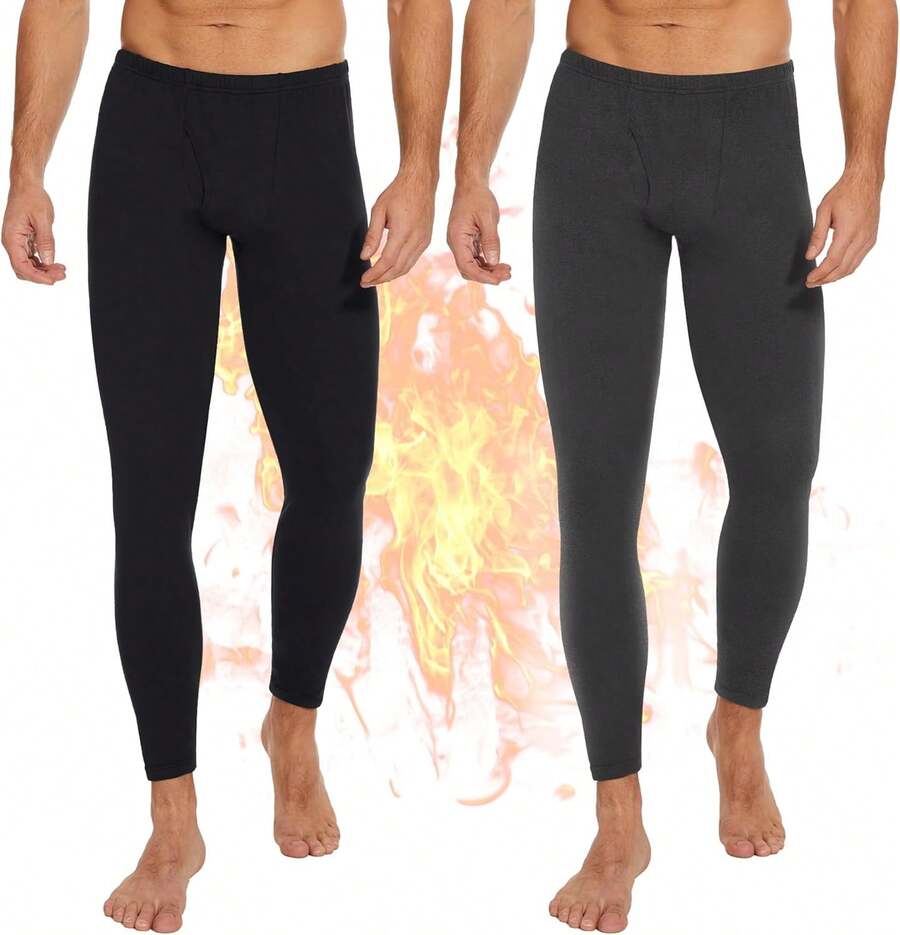 2-Pack Thermal Underwear Pants For Men, Fleece Lined For Cold Weather - 03 - Black/Grey Heather - View 1