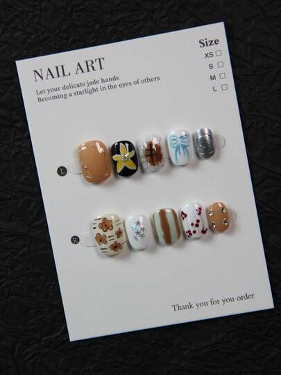 10pcs Handmade Nail Stickers, Cute Dotted Nail Art Decals With Yellow Star, Blue Bow, Brown Flower Patterns, Y2K Style Nail Accessories, Reusable Flower, Starfish, Water Drop Designs, Suitable For Party, Wedding, Daily Wear, Includes Nail Tools, Great Gift For Women And Girls