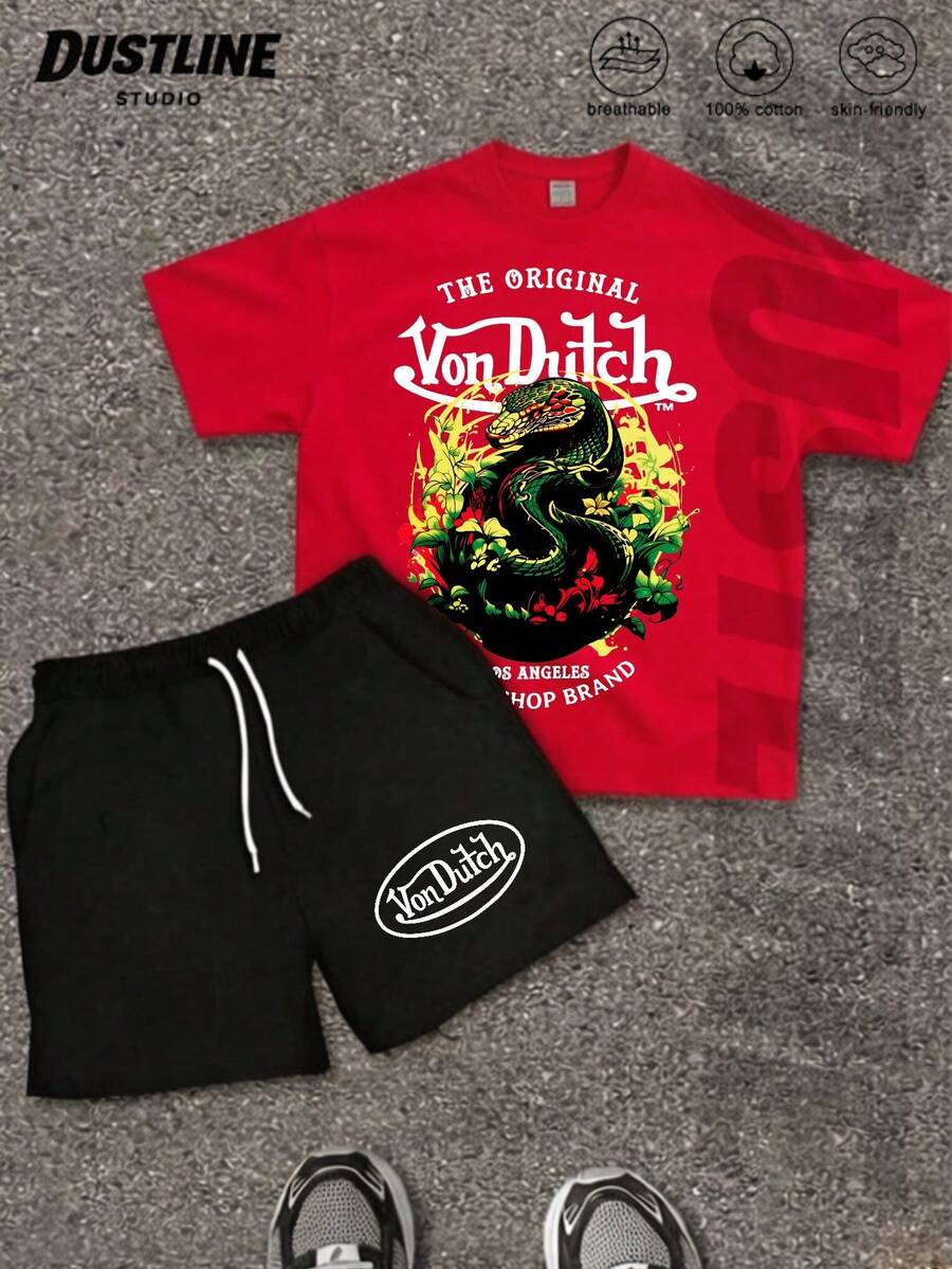 Men's Creative T-Shirt & Shorts Set American Vintage Full Print Street Wear Essential Graphic Tee With Dragon Floral & Logo For Casual Outfits - Đỏ - Xem 1