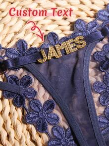 个性化水晶字母蕾丝丁字裤，定制名字女士比基尼内裤，T字后背三角内裤，送给女友或妻子的完美礼物，适合情人节、圣诞节、万圣节、感恩节、生日或周年纪念日，睡衣套装 - 霧霾藍 - 查看 2