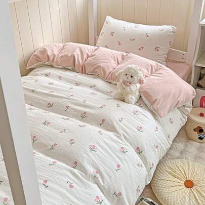 四件套鼠尾草花卉图案被套床单套装，柔软水洗美学床上用品套装，可爱植物叶子印花被套，田园风宿舍装饰