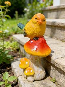 可爱的树脂小鸟蘑菇摆件 - 手绘黄色小鸟雕像，饰以红色蘑菇细节，可作为客厅、厨房、咖啡桌和书架上的装饰摆件，为室内空间增添温馨自然的魅力，营造舒适氛围。 - A - 查看 3