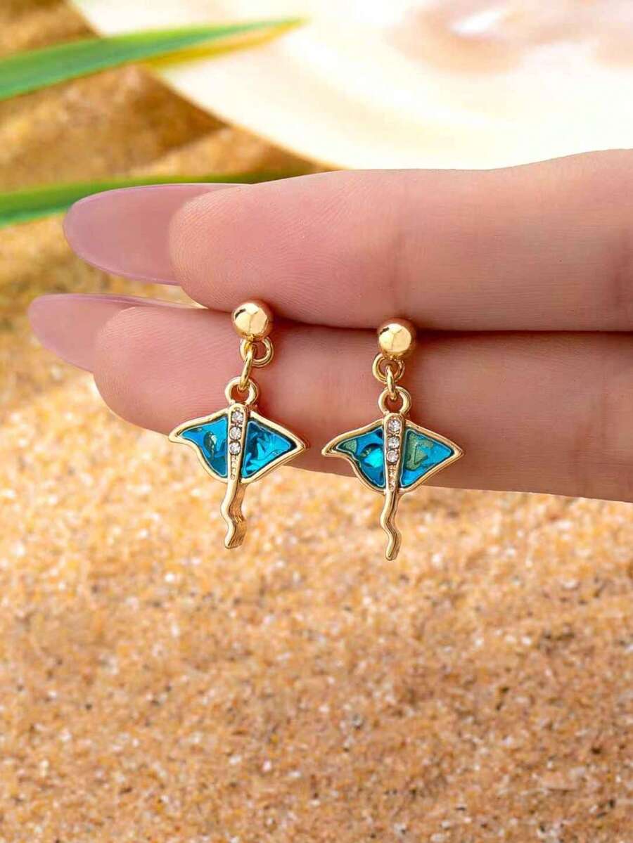 1对极简主义蝠鲼耳环，女士夏季海滩海洋生物吊坠耳环，度假风首饰 - 彩色 - 查看 1