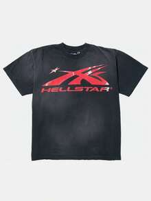 Hellstars Red X Logo Vintage Graphic T-Shirt,220g 100% Cotton,Round Neck Short Sleeve,Black Streetwear Essential For Summer Going Out,Unisex Style - 黑色 - 查看 1