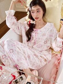 2pcs Disney Marie Cat Print Cotton Long Sleeve Pajama Set For Women, Spring/Summer - Baby Pink - View 5
