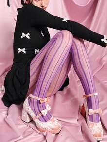 1双紫色链条图案薄纱丝袜，复古风格，舒适防滑，适合春夏穿着 - 紫色 - 查看 1