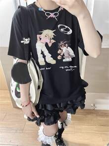 2026 Summer New Women's Round Neck Casual Loose Anime Style Graphic Print Y2K Aesthetic Short Sleeve T-Shirt - Black - View 2