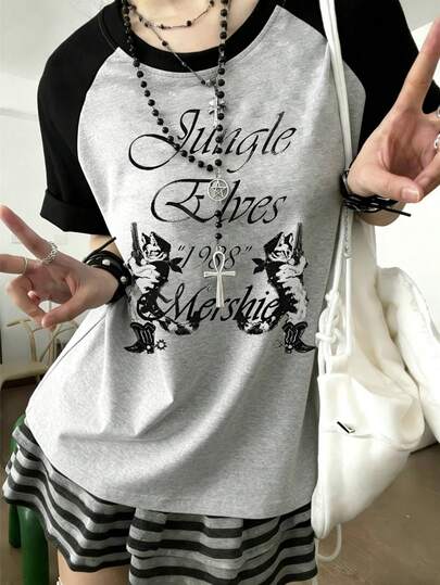 2026 Summer New Casual Loose Round Neck Contrast Color Splice Raglan Sleeve T-Shirt, American Style Cat Print Pattern Fashionable Versatile Y2K College Style Women Top
