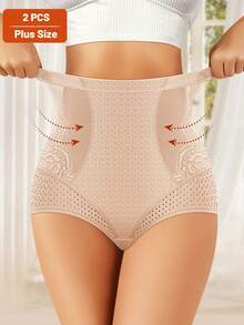 MEIYATING 2 pièces Culottes grande taille à taille haute avec contrôle du ventre, culottes triangulaires respirantes avec bordure en dentelle de maille pour l'été - Multicolore - Voir 3