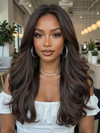 24 Inch Dark Brown Body Wave Wigs For Women, Machine Made Heat Resistant Synthetic Wig No Bangs For Daily & Party Wear