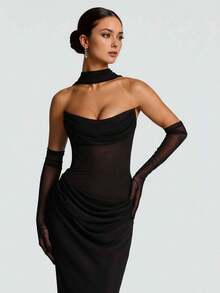 Đầm maxi màu trơn thanh lịch với gấu váy xếp ly và khóa kéo, thích hợp đi biển. - màu đen - Xem 5