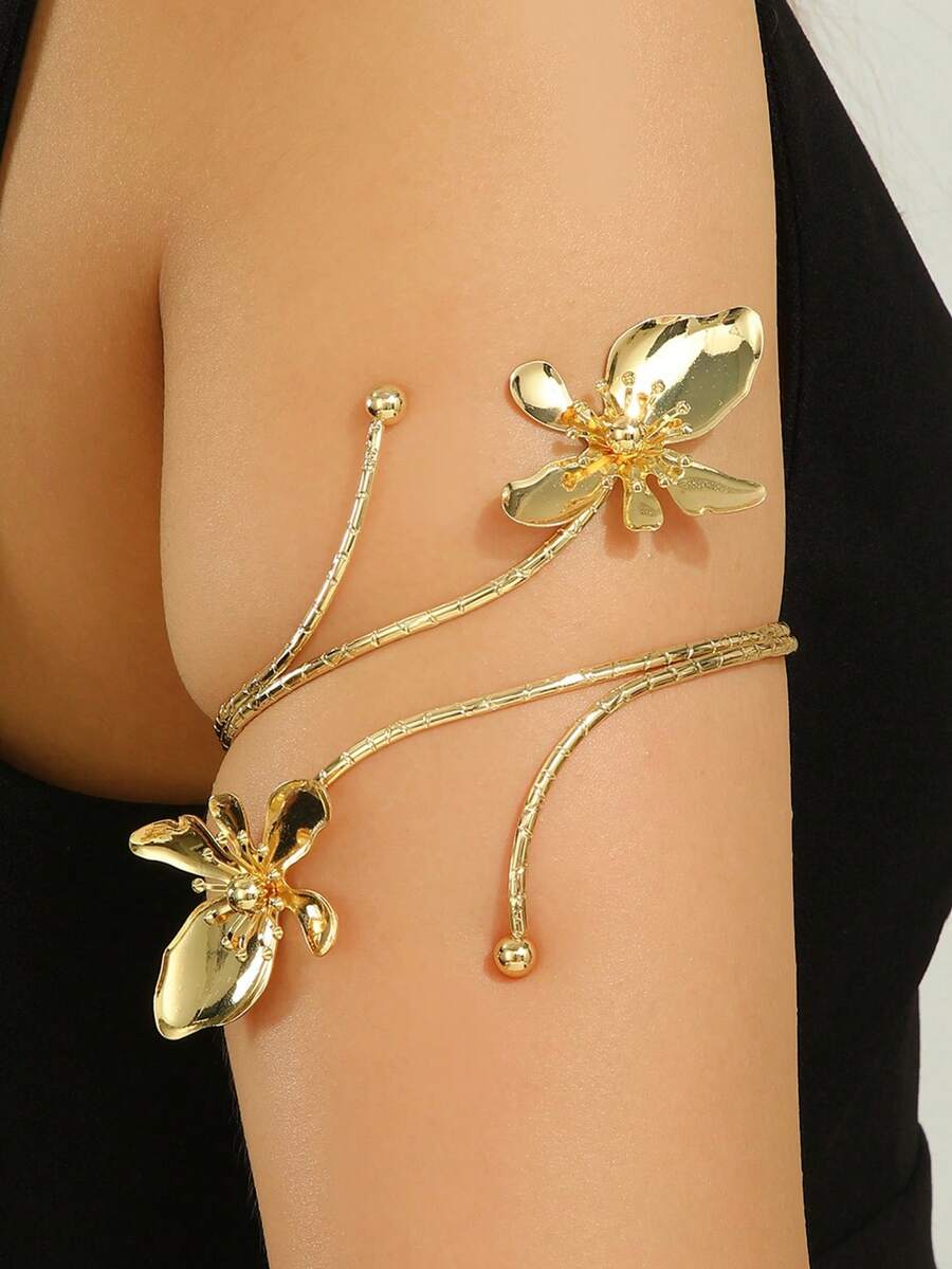 1pc Elegant And Minimalist Design With A Fresh And Sweet Golden Enamel Glaze Craftsmanship, Flower Opening Arm Ring - Gold - View 1
