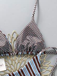 Sultry Sol Bộ bikini 2 mảnh họa tiết hoa phối màu cổ điển, thích hợp cho bãi biển, hồ bơi, du thuyền, tiệc tùng trong kỳ nghỉ xuân và hè. - Sọc xanh và sọc nâu - Xem 7