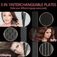 3-In-1 Detachable Straight & Curling Iron, Ceramic Core, Removable 3D Grid & Wave Plates, Multi-Temperature Settings, Fast Heating, Ergonomic Design For Easy Styling. PTC LED Ceramic Electric Hair Styling Tool Suitable For All Hair Types, Perfect For Curling And Straightening. - Multicolor - View 3