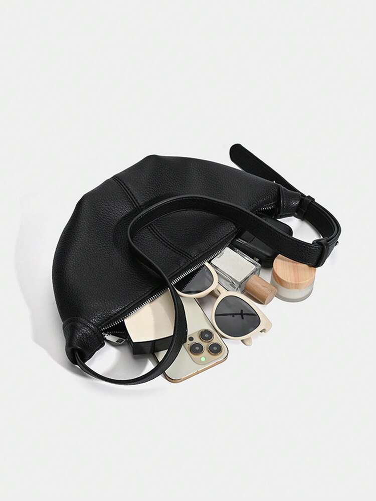 2026新款黑色大容量单肩包、斜挎包、饺子包、羊角面包包、腋下包、手提包，商务女士休闲时尚日常通勤包，适合工作、购物、约会、旅行、大学生、女士包、日常使用（不含配件） - 黑色 - 查看 6