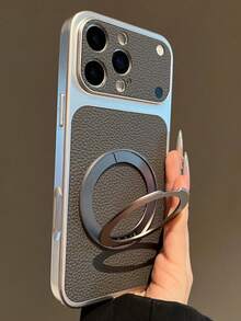 Fashion Lychee Leather Texture Large Window Phone Case Compatible With IPhone 17 Pro Max 17 Pro 16 Pro Max 15 Pro Max 14 Pro 13 12 Pro 16 17 Magnetic 360 Rotating Bracket Camera Protection Matte Soft Bumper Shockproof Cover - Grey - View 2