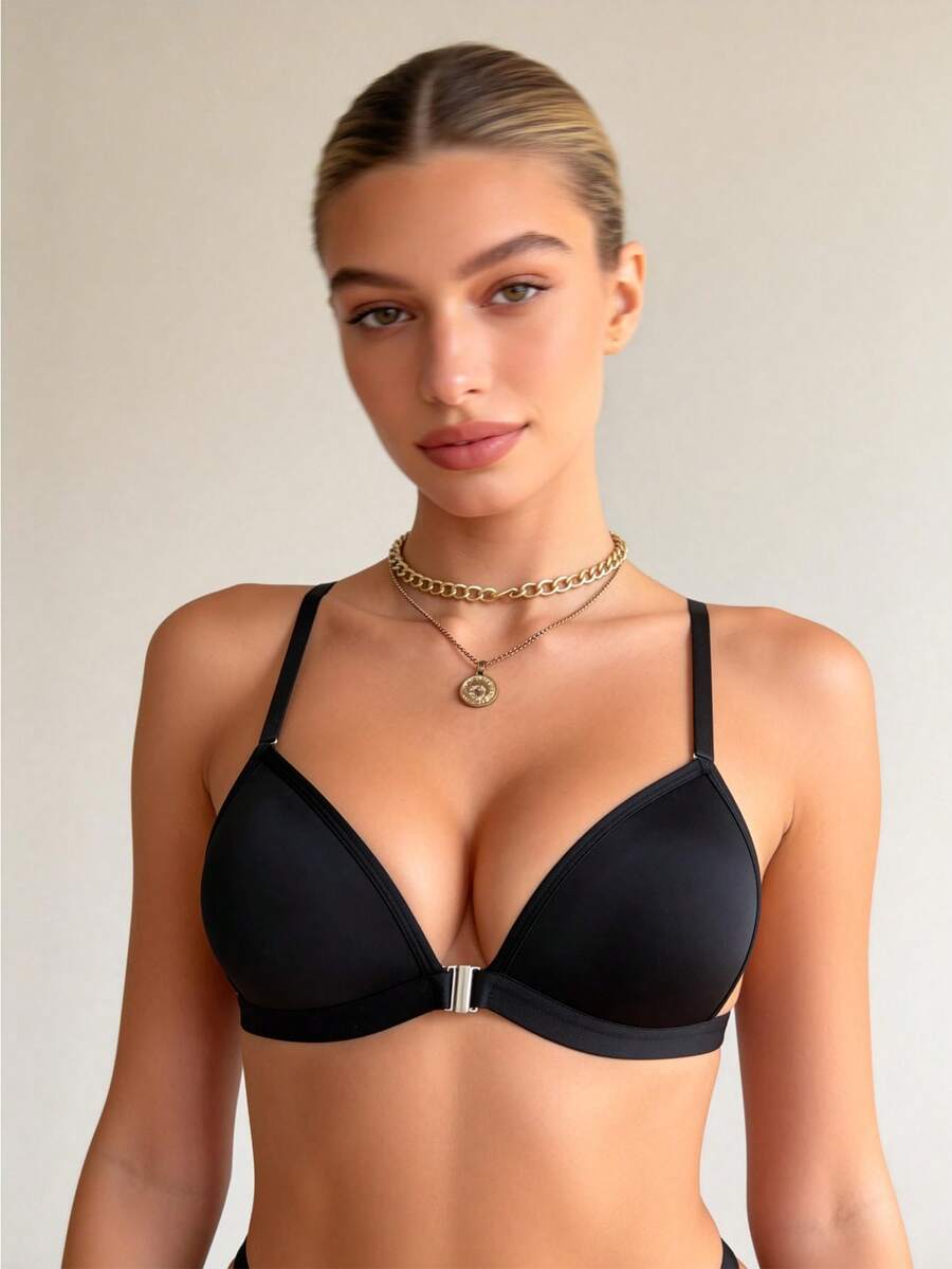 Lilivine 黑色前扣式无钢圈文胸，带固定垫，女士内衣文胸，带可拆卸肩带，可打造百搭造型 - 细肩带文胸、交叉后背文胸和细肩带文胸 - 黑色 - 查看 1