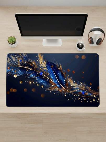 Extra Large Gaming Desk Mat And Mouse Pad - Blue & Gold Feather Luxury Art Design, Cool Iridescent Texture, Non-Slip Rubber Base, Smooth For Office & ESports, Also Usable As Keyboard Pad, Desk Mat Or Book Stand, Suitable For Gamers, Office And Dorm, Compatible With Mouse And Trackball