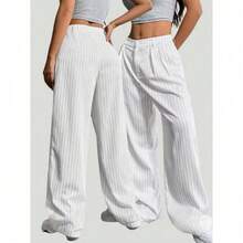 Tailored Wide Leg Palazzo Pants With Pinstripe Pattern - White - View 2