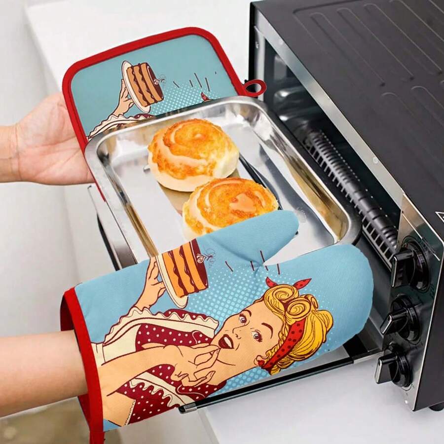 Bộ 2 găng tay làm bánh phong cách Pop Art cổ điển + thảm chịu nhiệt, họa tiết hoạt hình, chịu nhiệt, vật dụng cần thiết cho việc làm bánh. - Xem 1