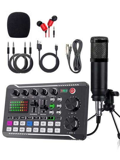 BM800 电容麦克风 + F998 声卡套装，适用于电脑录音、游戏语音聊天、高品质采样、家庭使用，也是生日、圣诞节、感恩节、新年等节日的理想礼物。