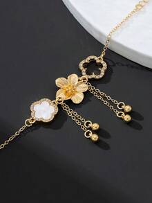 1件 时尚新款甜美精致夏日度假风金色纹理五瓣花幸运闪亮四叶草吊坠女手链 - 彩色 - 查看 2