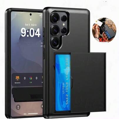 Portemonneehoesje met kaartsleuven en schuifklep voor Galaxy S26 Ultra, S25, S24, S23, S25 FE, S22, A17, A37, A57, A16, A36, A56 smartphones, ultradunne harde PC anti-val beschermhoes