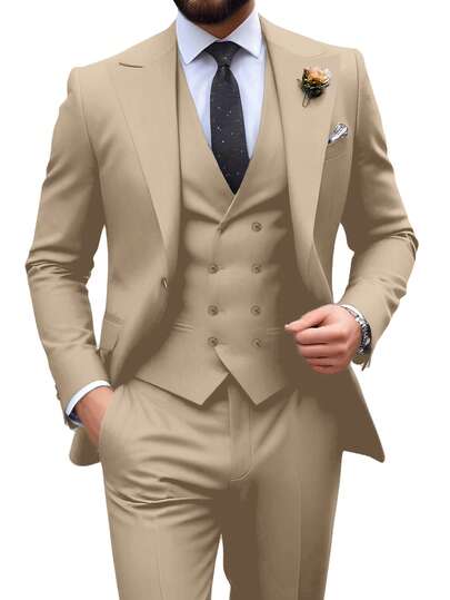 Furuyal Men's 3-Piece Suit, Elegant Solid Color Fashion Slim Fit Formal Outfit, Double-Breasted Suit Jacket With Vest And Trousers, Suitable For Business, Party, Wedding And Holiday Wear